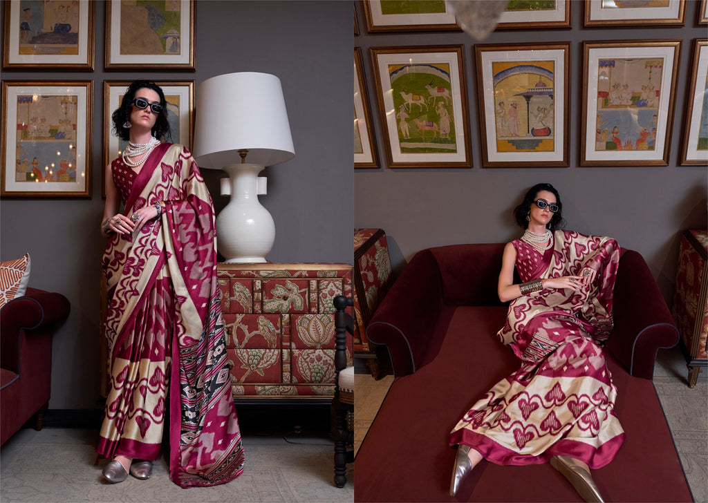 Women's Maroon Printed Satin Saree with Unstitched Blouser Piece