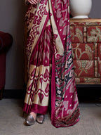 Women's Maroon Printed Satin Saree with Unstitched Blouser Piece