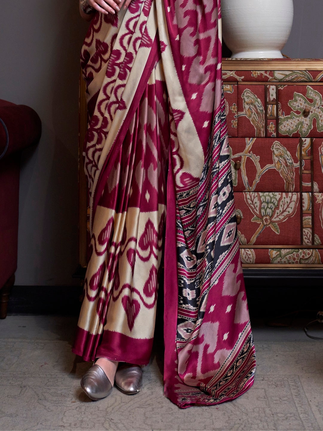 Women's Maroon Printed Satin Saree with Unstitched Blouser Piece