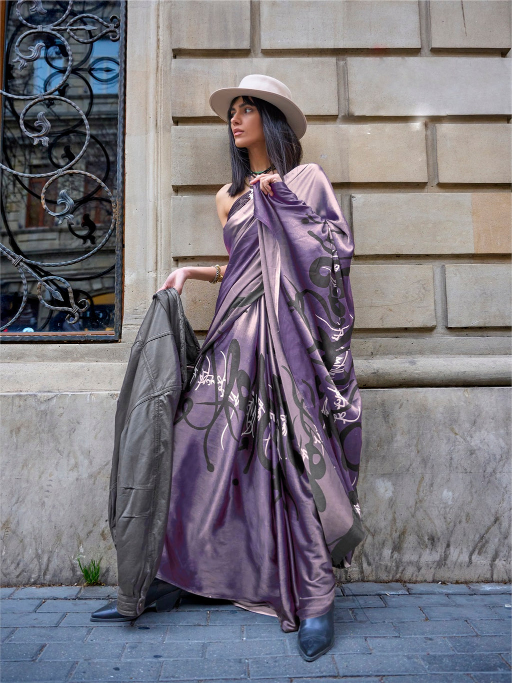 Women's Purple Printed Satin Saree with Unstitched Blouser Piece