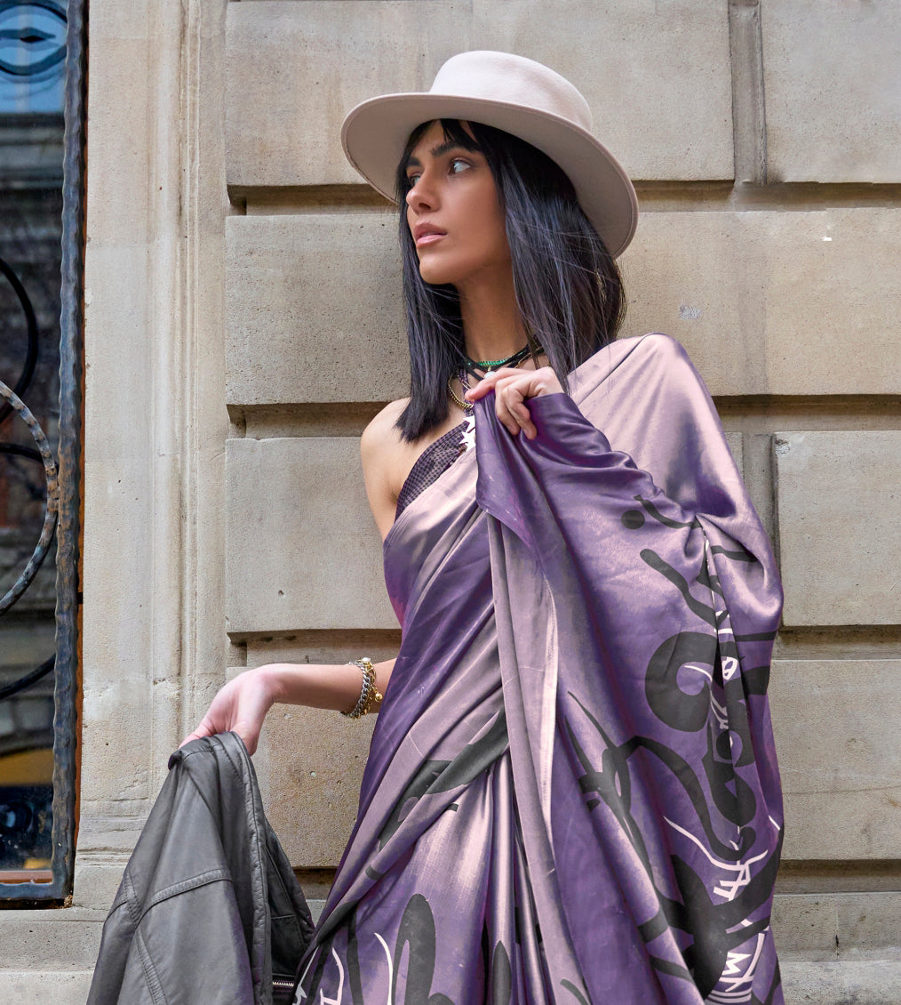 Women's Purple Printed Satin Saree with Unstitched Blouser Piece