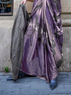 Women's Purple Printed Satin Saree with Unstitched Blouser Piece