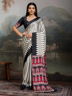 Women's Black Ajrakh Printed Modal Satin Saree With Unstitched Blouse Piece