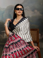 Women's Black Ajrakh Printed Modal Satin Saree With Unstitched Blouse Piece