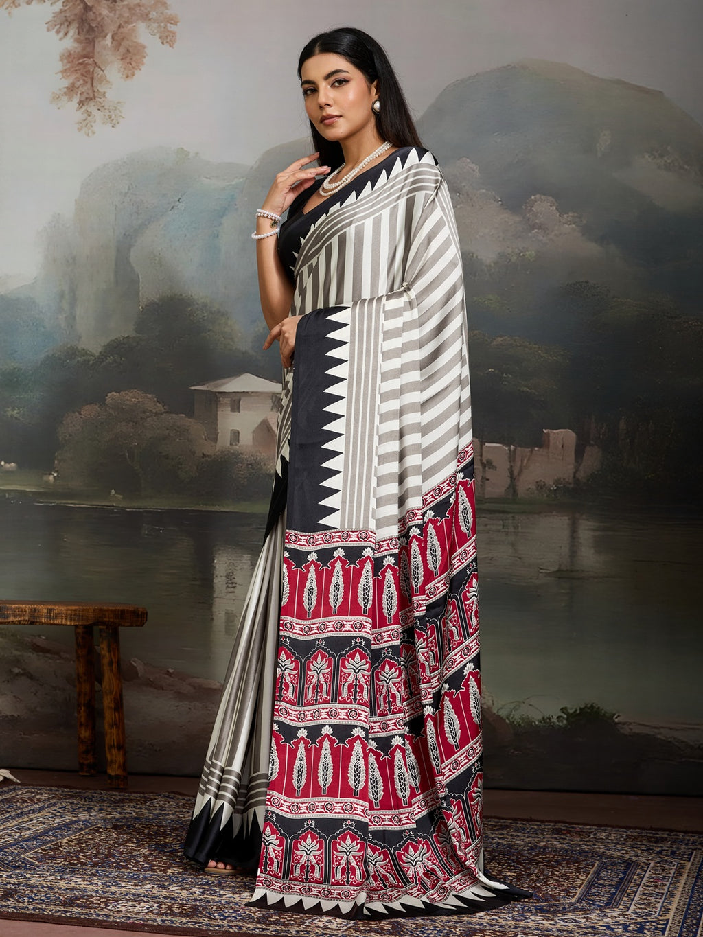 Women's Black Ajrakh Printed Modal Satin Saree With Unstitched Blouse Piece