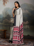 Women's Black Ajrakh Printed Modal Satin Saree With Unstitched Blouse Piece