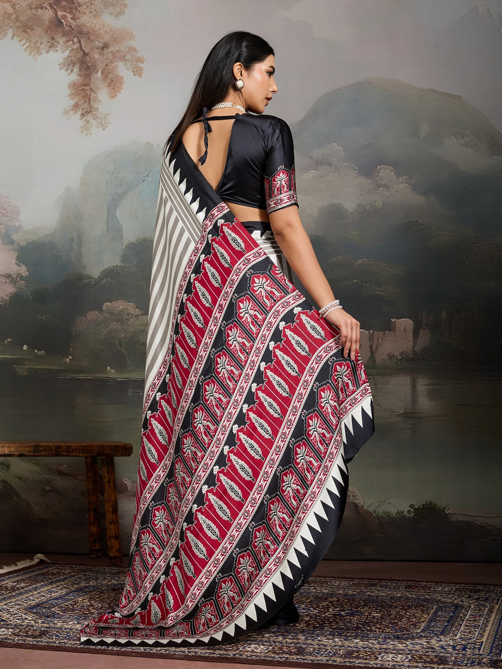 Women's Black Ajrakh Printed Modal Satin Saree With Unstitched Blouse Piece