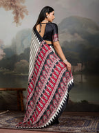 Women's Black Ajrakh Printed Modal Satin Saree With Unstitched Blouse Piece