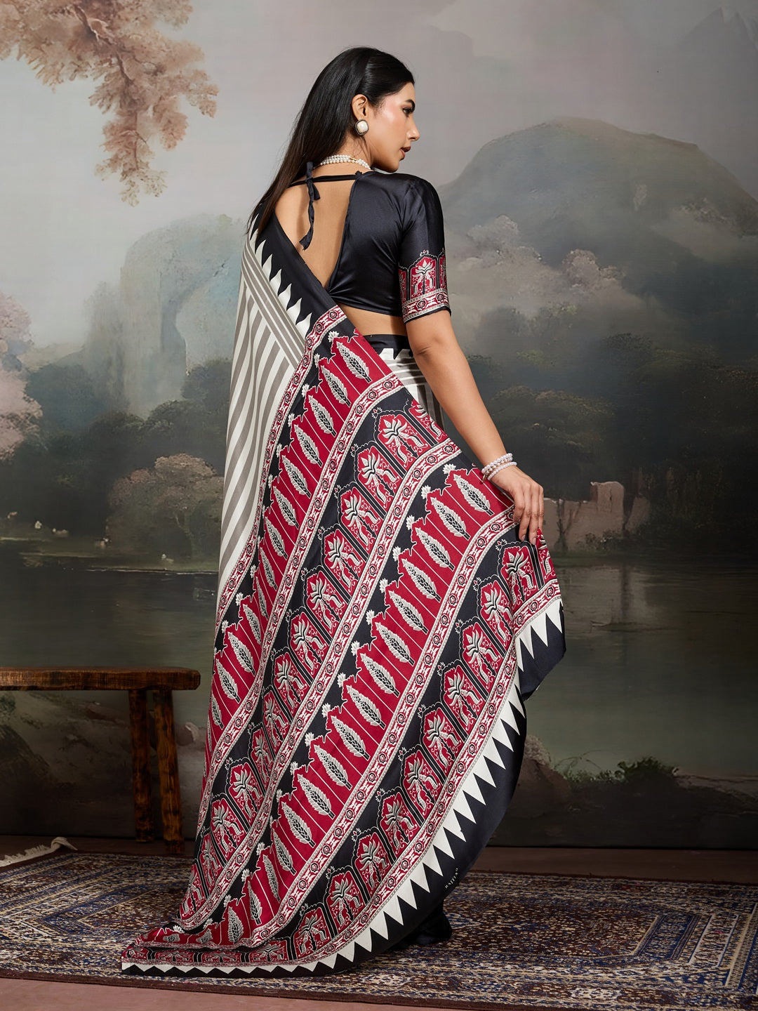 Women's Black Ajrakh Printed Modal Satin Saree With Unstitched Blouse Piece