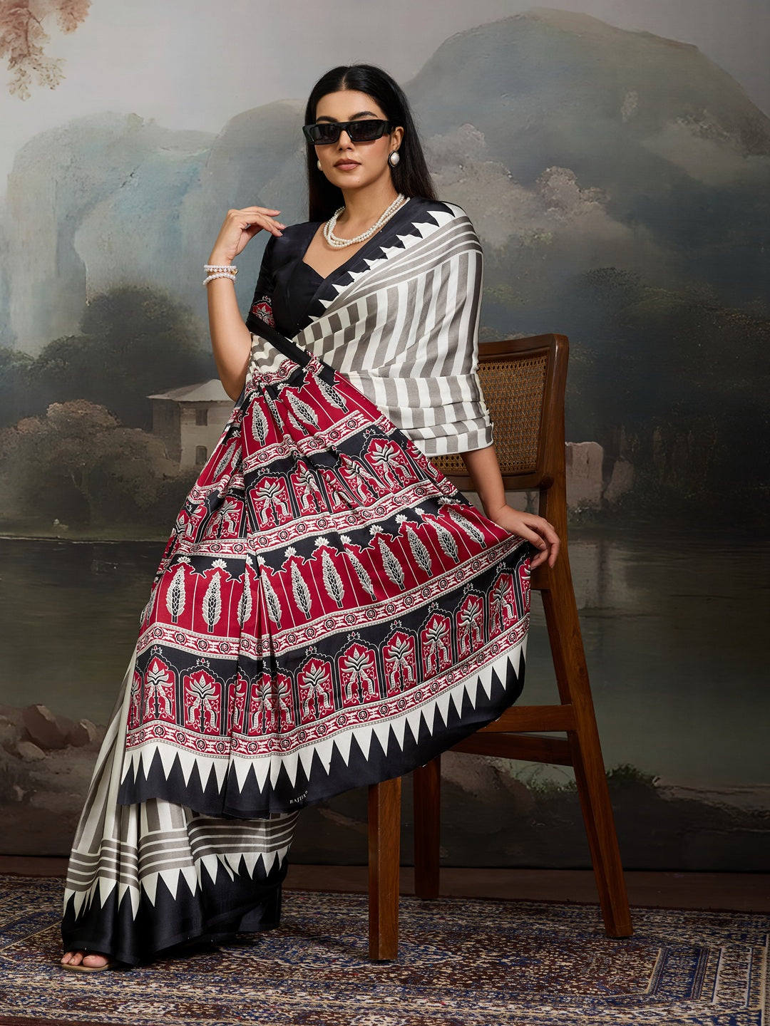 Women's Black Ajrakh Printed Modal Satin Saree With Unstitched Blouse Piece