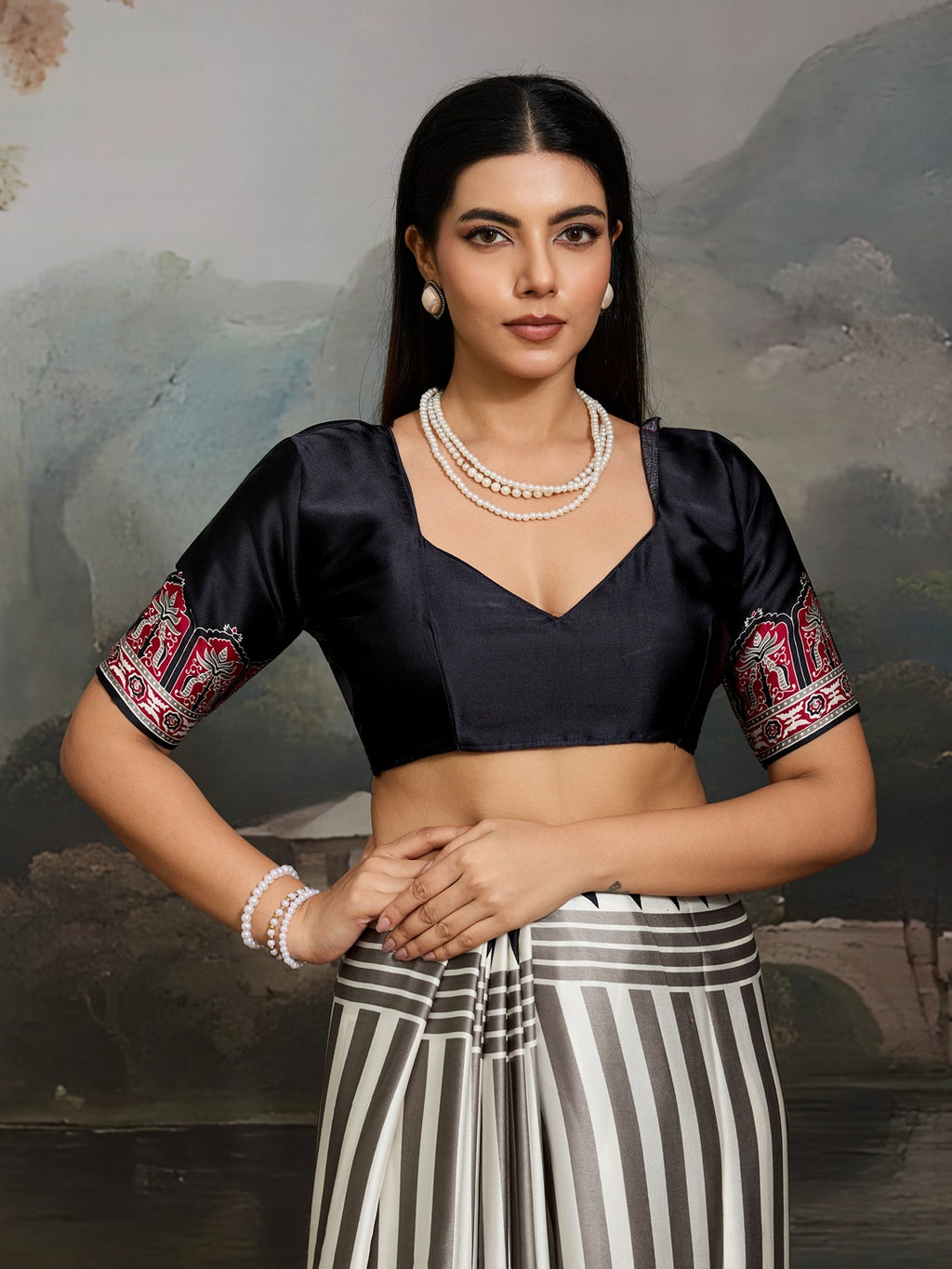 Women's Black Ajrakh Printed Modal Satin Saree With Unstitched Blouse Piece