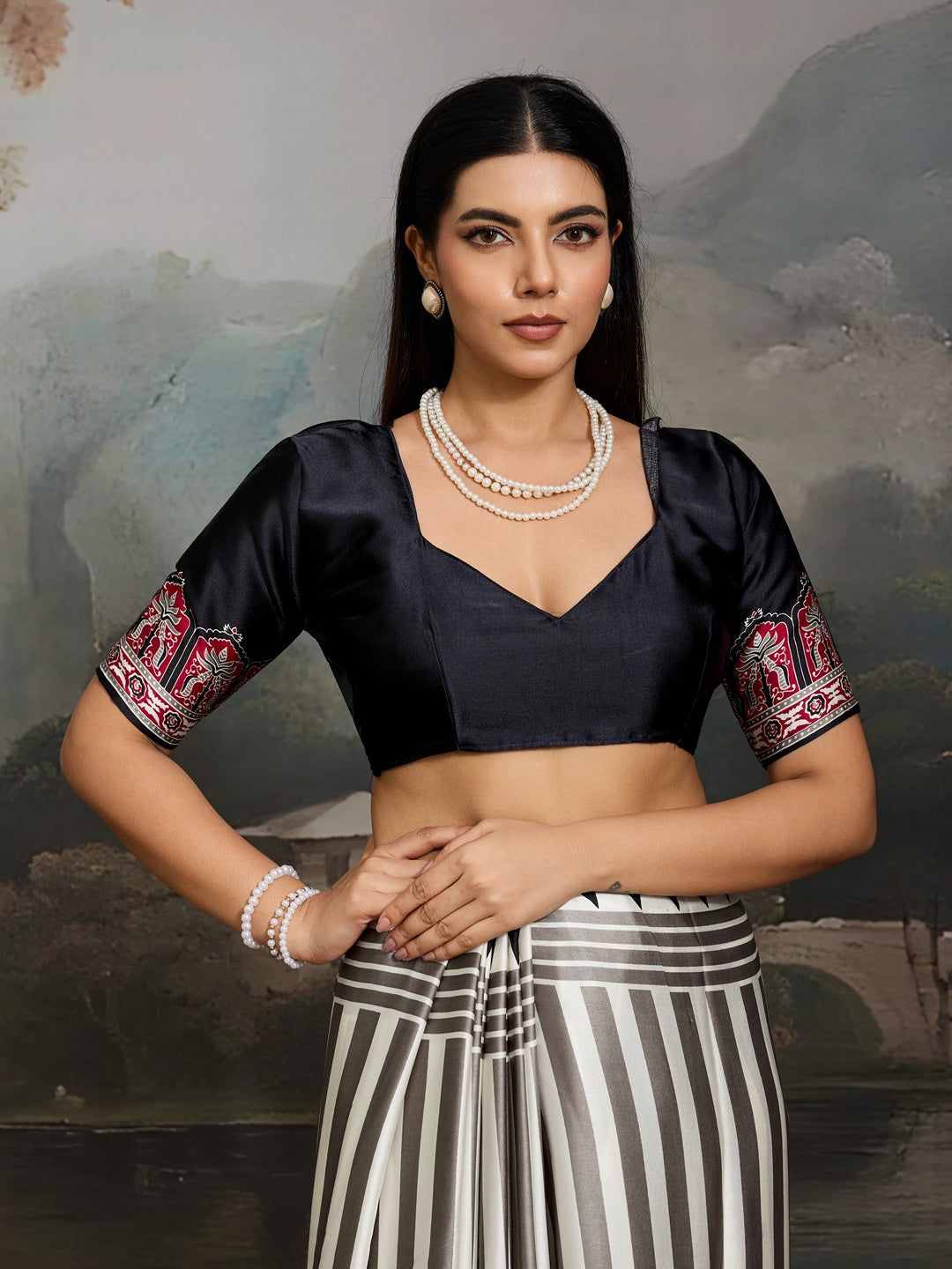Women's Black Ajrakh Printed Modal Satin Saree With Unstitched Blouse Piece