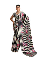 Women's Black Floral Printed Satin Saree With Unstitched Blouse Piece