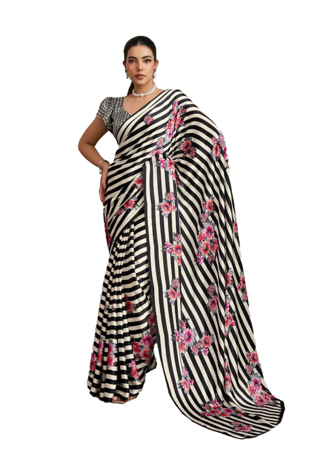 Women's Black Floral Printed Satin Saree With Unstitched Blouse Piece