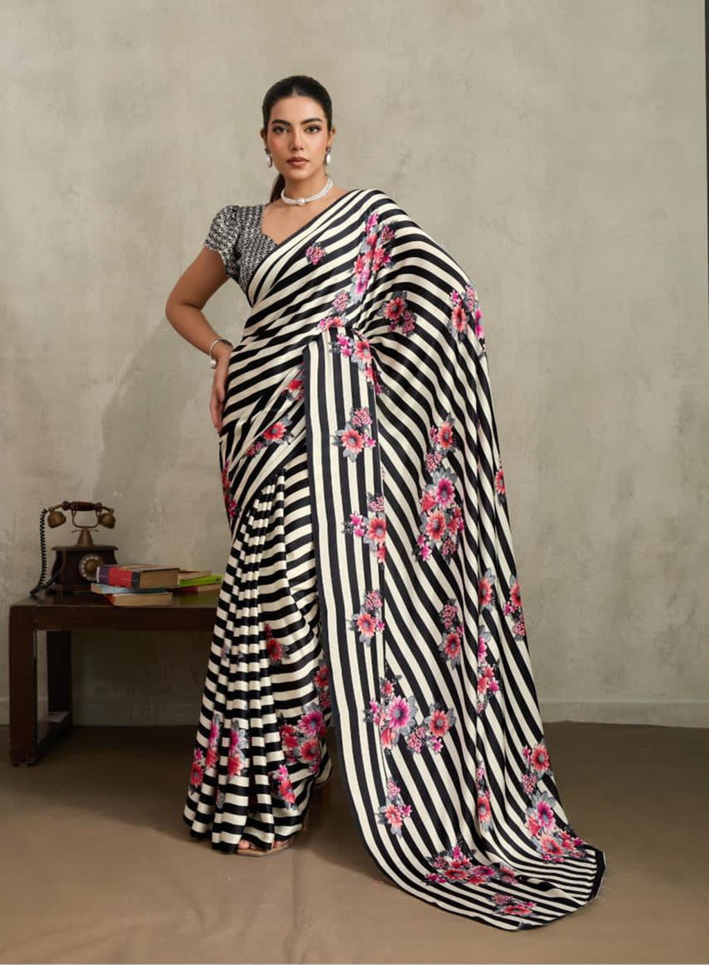 Women's Black Floral Printed Satin Saree With Unstitched Blouse Piece