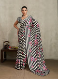 Women's Black Floral Printed Satin Saree With Unstitched Blouse Piece