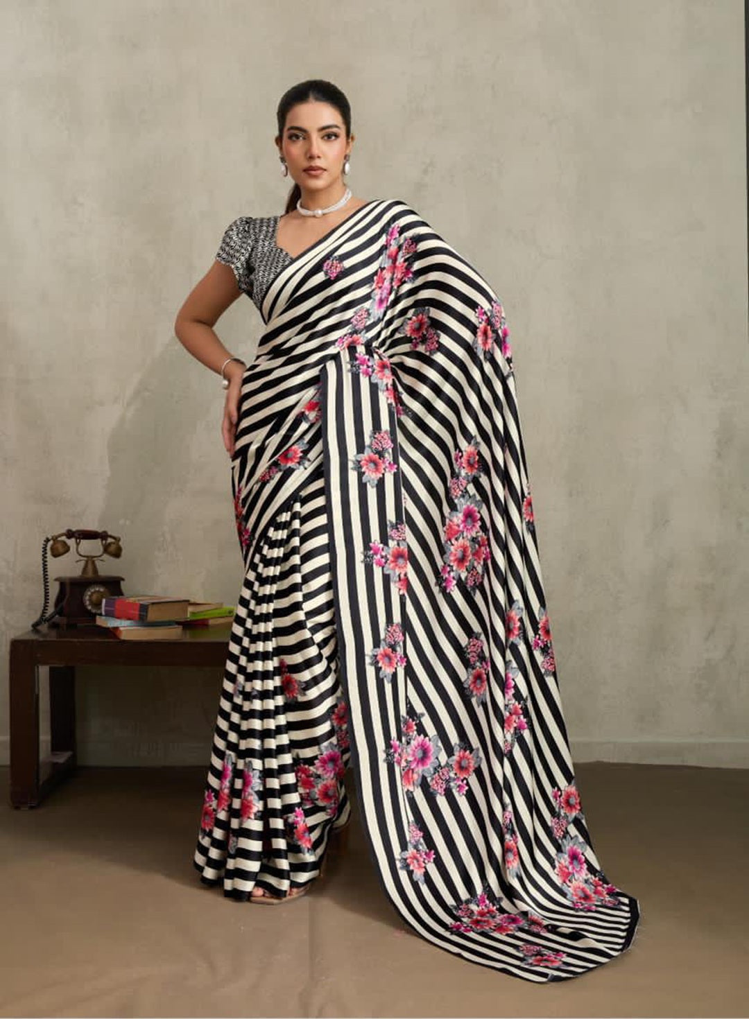 Women's Black Floral Printed Satin Saree With Unstitched Blouse Piece