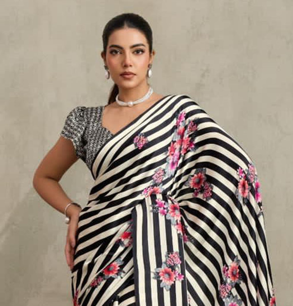 Women's Black Floral Printed Satin Saree With Unstitched Blouse Piece