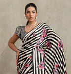 Women's Black Floral Printed Satin Saree With Unstitched Blouse Piece