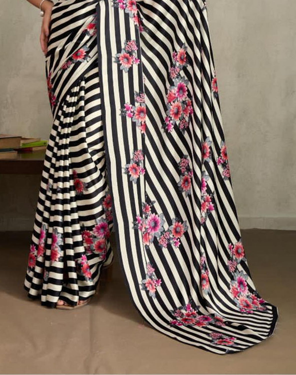 Women's Black Floral Printed Satin Saree With Unstitched Blouse Piece