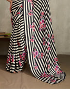 Women's Black Floral Printed Satin Saree With Unstitched Blouse Piece