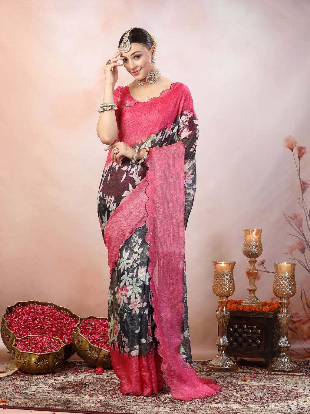 Women's Blue Floral Digital Print Supernet Saree