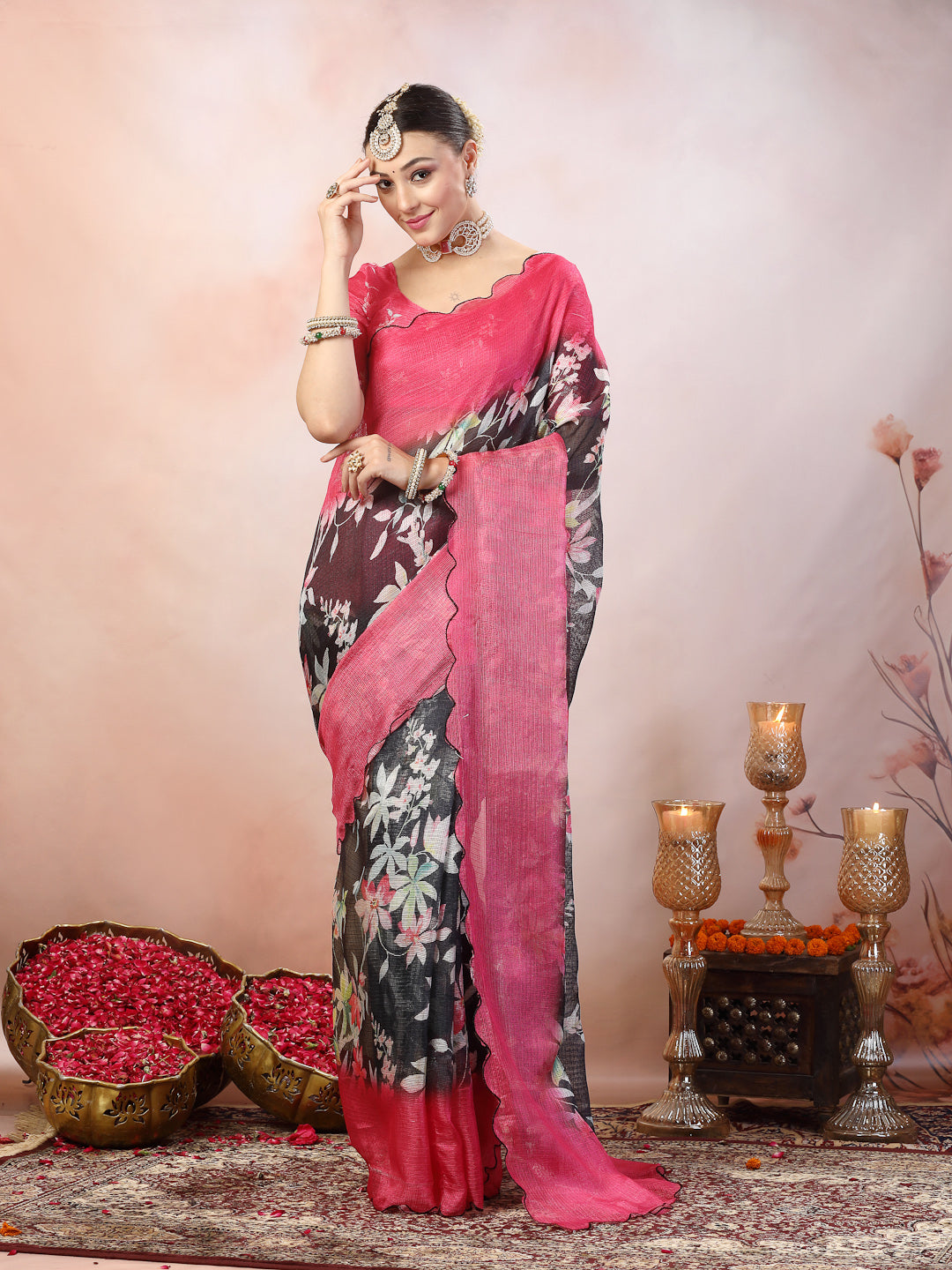 Women's Blue Floral Digital Print Supernet Saree
