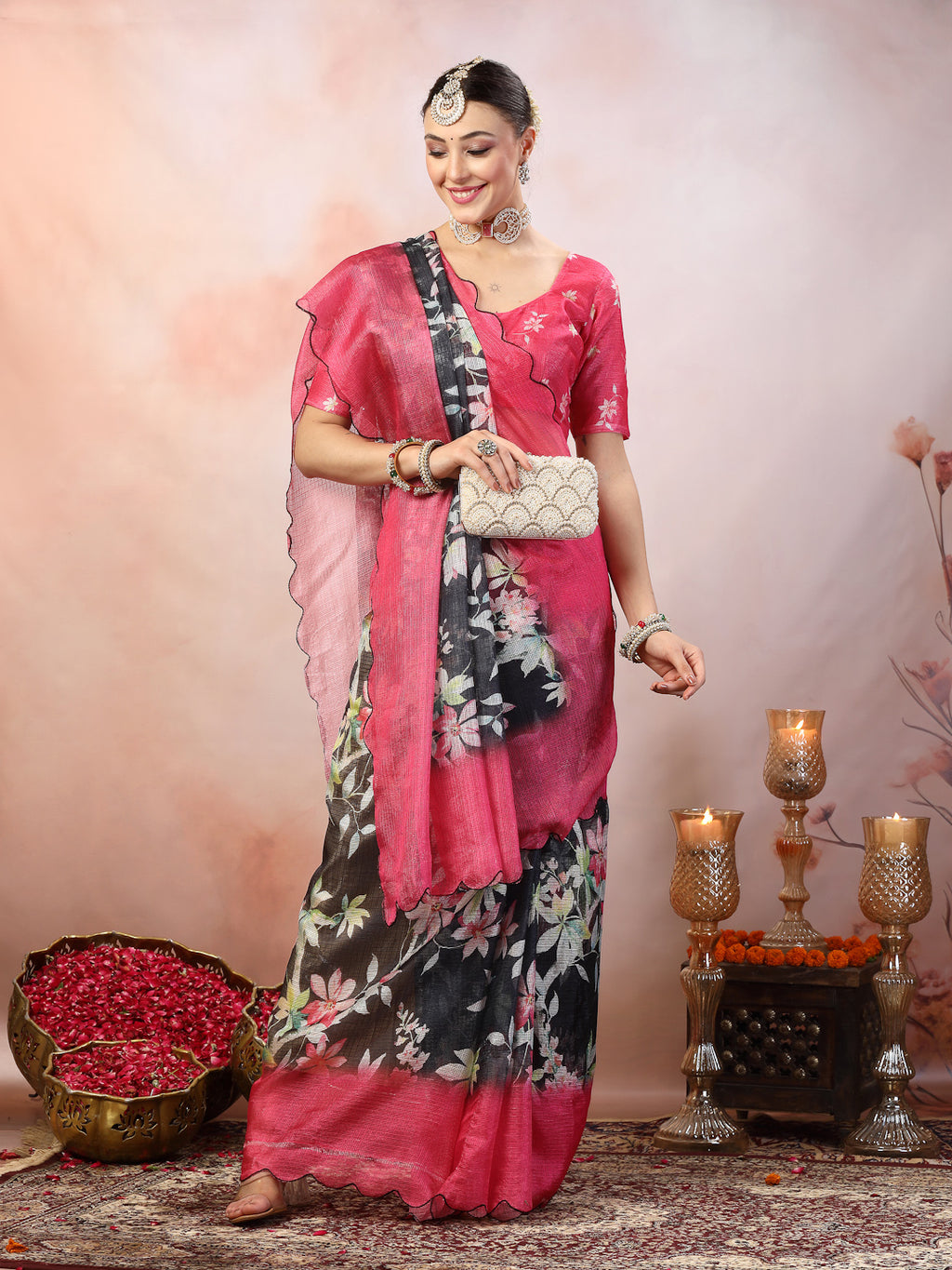 Women's Blue Floral Digital Print Supernet Saree