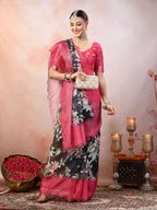 Women's Blue Floral Digital Print Supernet Saree