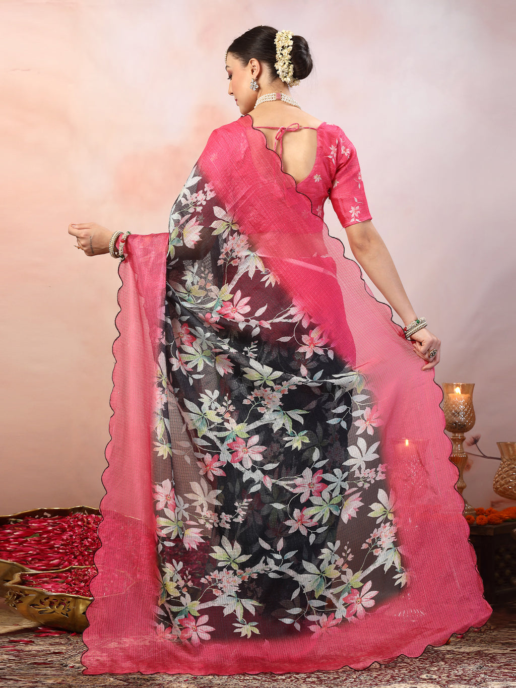 Women's Blue Floral Digital Print Supernet Saree