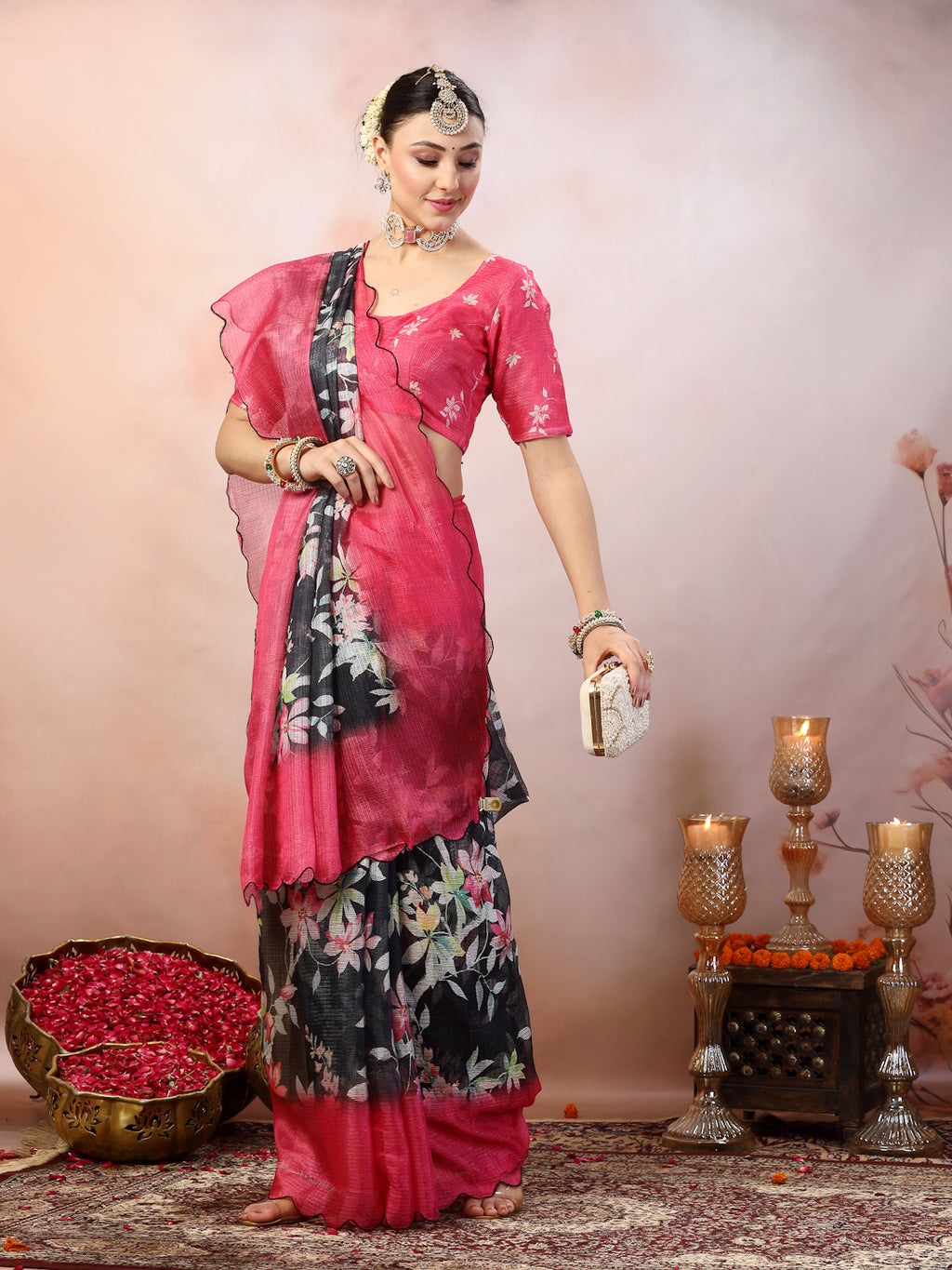 Women's Blue Floral Digital Print Supernet Saree