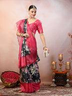 Women's Blue Floral Digital Print Supernet Saree