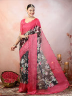 Women's Blue Floral Digital Print Supernet Saree