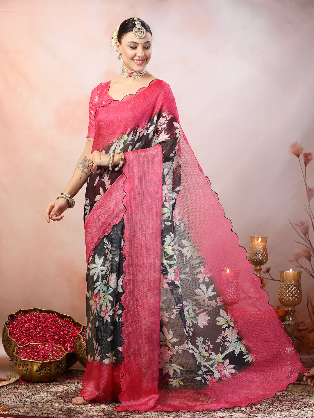 Women's Blue Floral Digital Print Supernet Saree