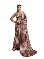Women's Brown Floral Printed Satin Saree With Unstitched Blouse Piece