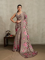 Women's Brown Floral Printed Satin Saree With Unstitched Blouse Piece
