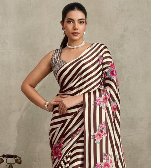 Women's Brown Floral Printed Satin Saree With Unstitched Blouse Piece