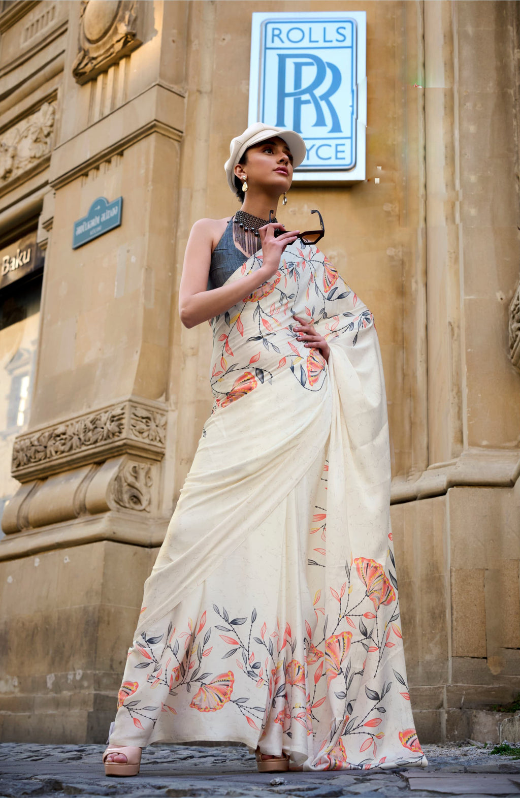 Women's Cream Floral Printed Satin Saree