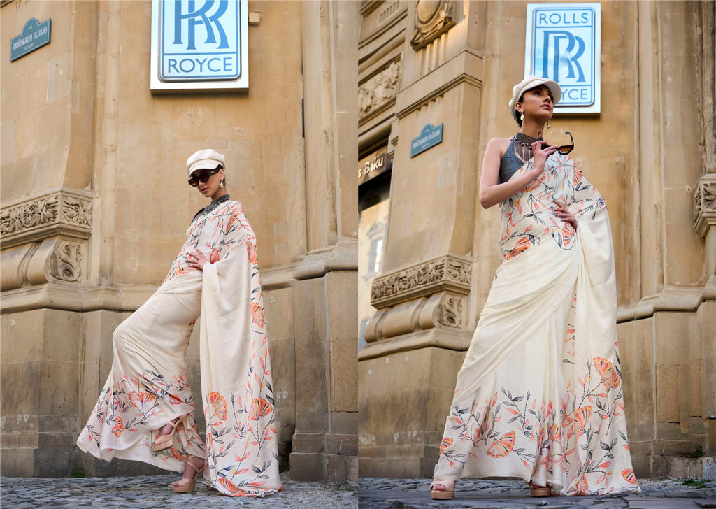 Women's Cream Floral Printed Satin Saree