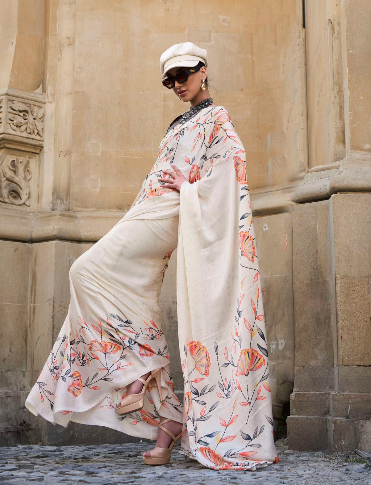 Women's Cream Floral Printed Satin Saree