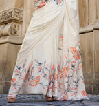Women's Cream Floral Printed Satin Saree