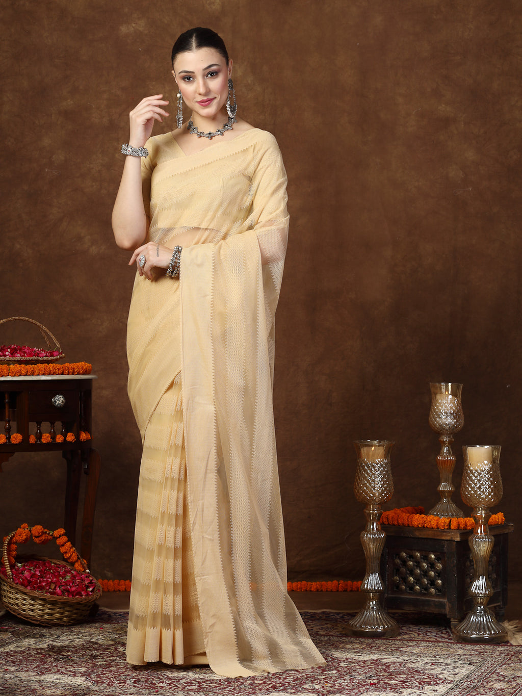 Women's Gold Ethnic Striped Embroidered Net Saree