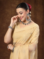 Women's Gold Ethnic Striped Embroidered Net Saree