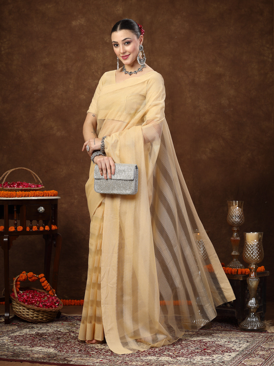 Women's Gold Ethnic Striped Embroidered Net Saree