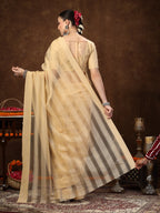 Women's Gold Ethnic Striped Embroidered Net Saree