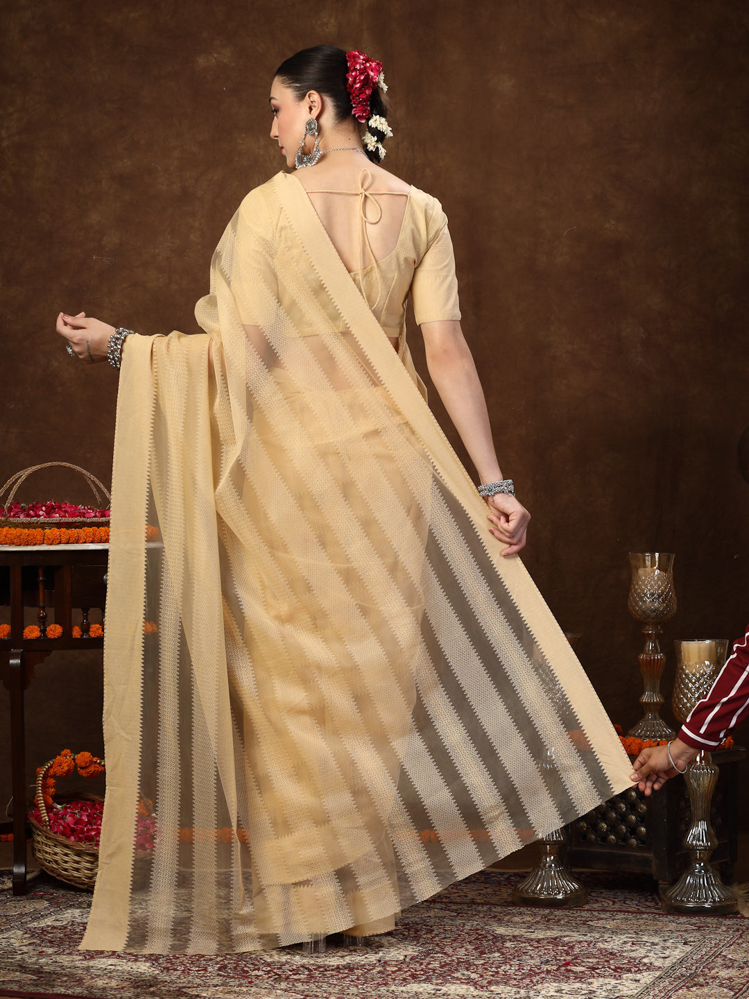 Women's Gold Ethnic Striped Embroidered Net Saree