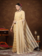 Women's Gold Ethnic Striped Embroidered Net Saree