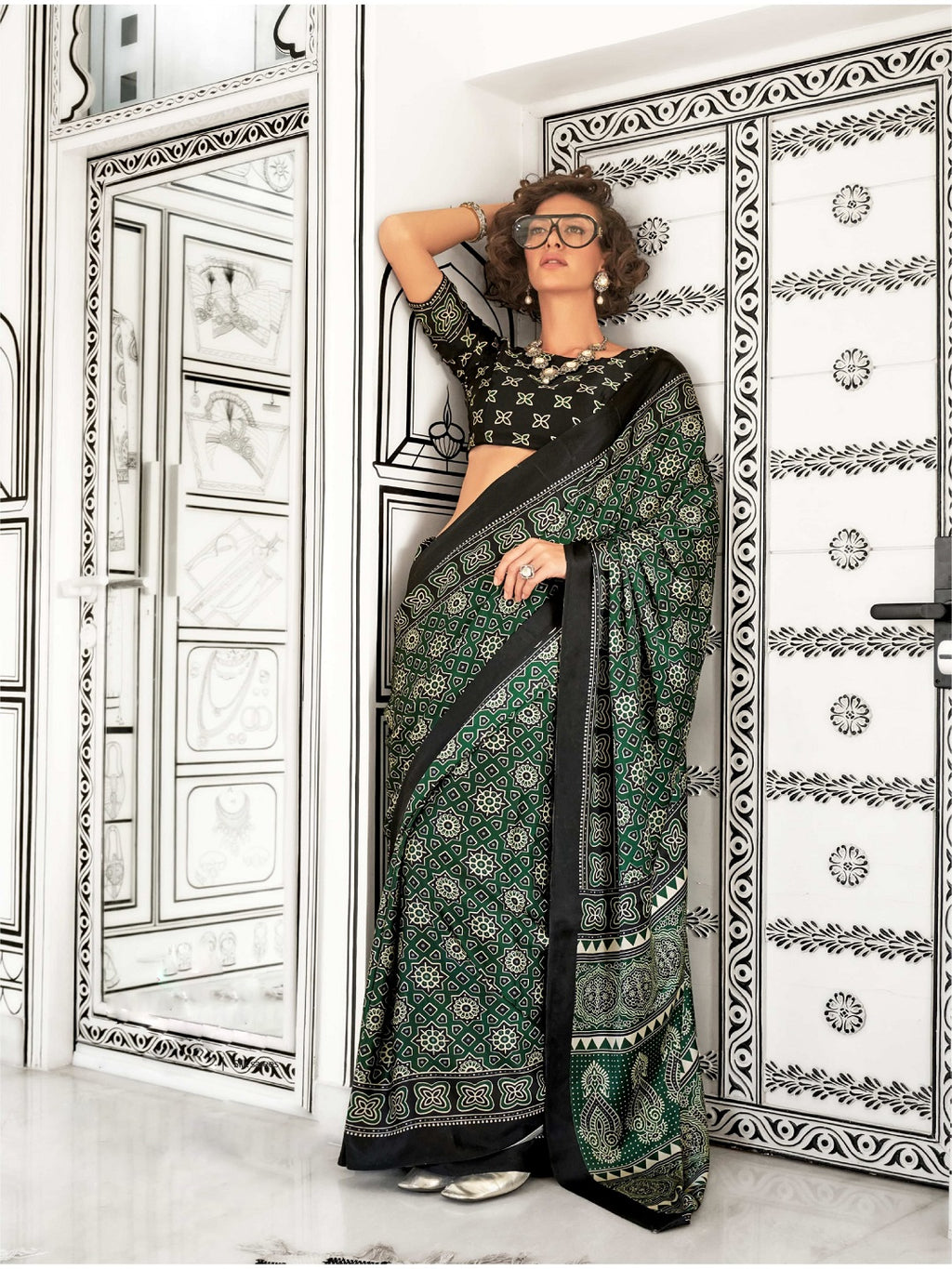 Women's Green Ajrakh Printed Satin Saree
