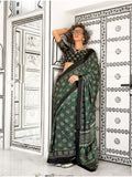 Women's Green Ajrakh Printed Satin Saree