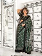 Women's Green Ajrakh Printed Satin Saree